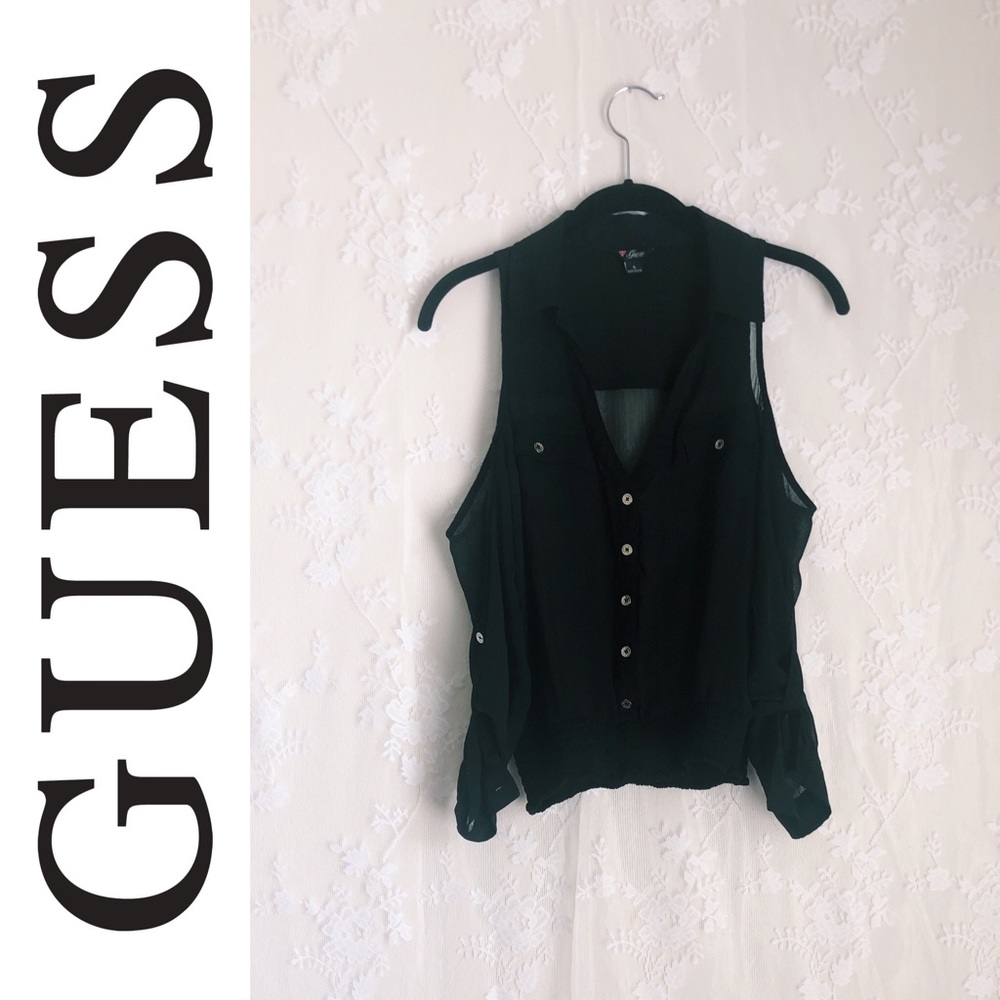 GUESS Off-The-Shoulder Sheer Button Up Shirt